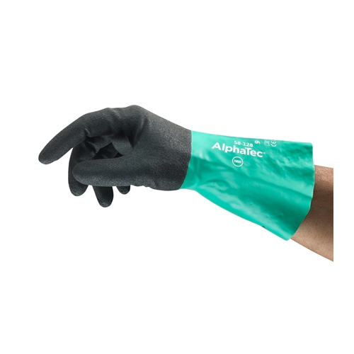 Ansell AlphaTec 58-128 Schutzhandschuh mit grüner Stulpe und grau beschichteter Hand, getragen in der Seitenansicht