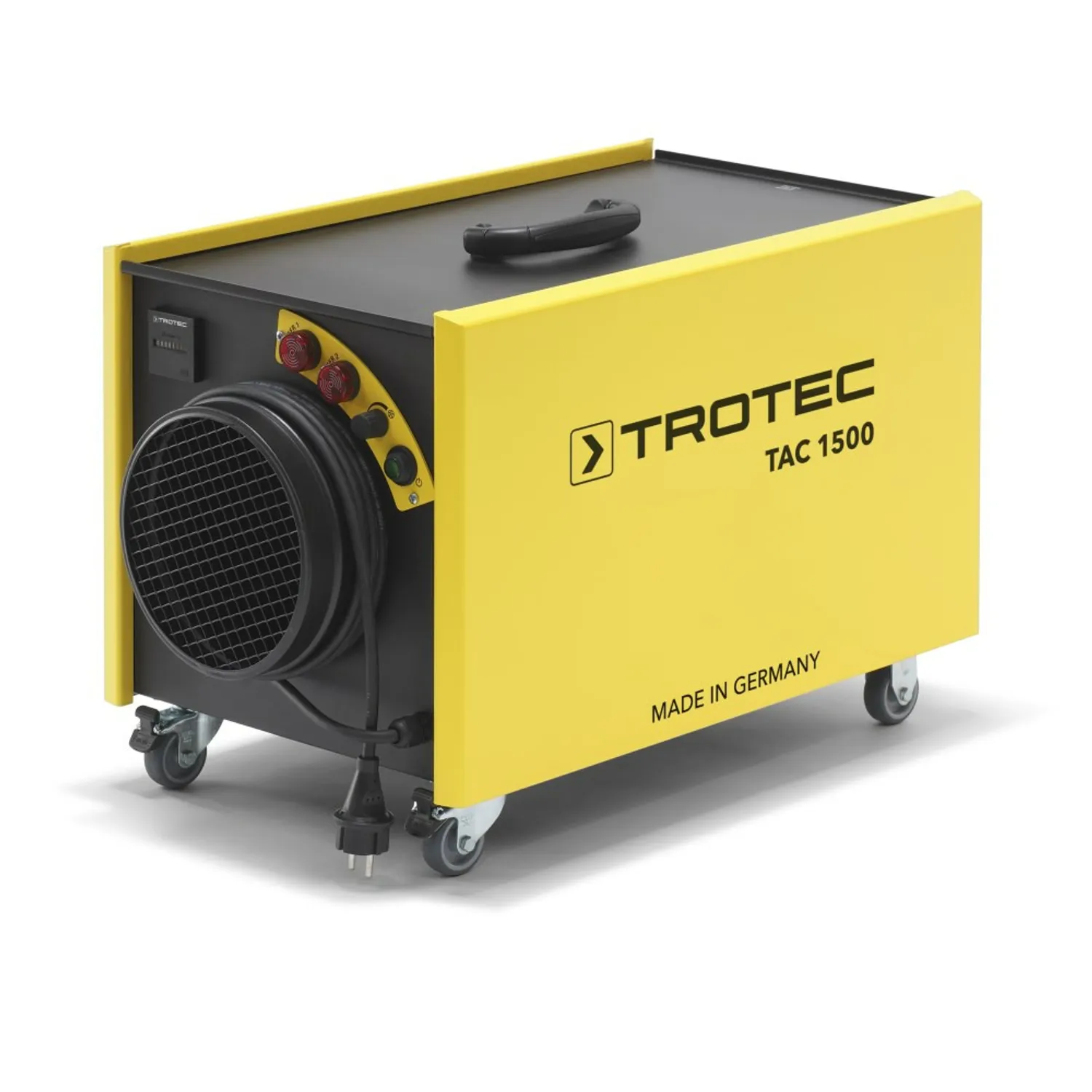 TROTEC Luftreiniger TAC 1500, Schrägansicht mit rundem Schlauchanschluss, Bedienfeld und Lenkrollen