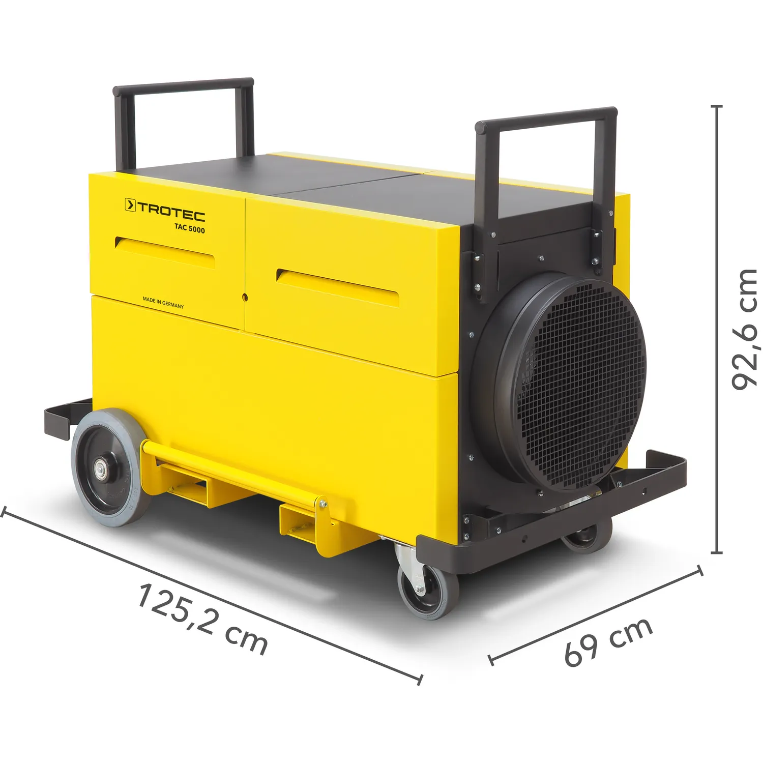 TROTEC Luftreiniger TAC 5000 mit Maßangaben: 125,2 cm lang, 69 cm breit, 92,6 cm hoch