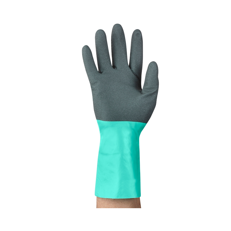 Ansell AlphaTec 58-128 Schutzhandschuh aufrecht, grau beschichtete Hand und grüne Stulpe
