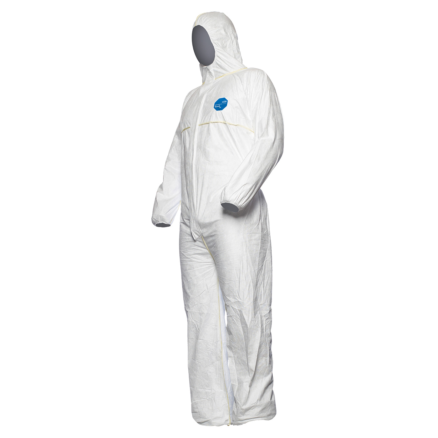 DuPont Tyvek 200 Easysafe Einweg-Overall in Weiß mit Kapuze, Schrägansicht an einer Puppe