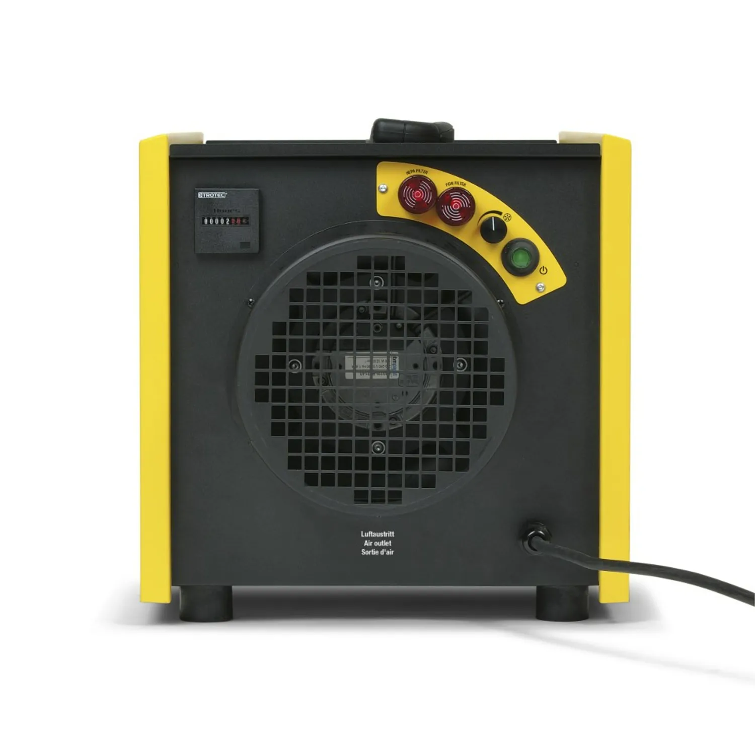 TROTEC Luftreiniger TAC 1500, Stirnseite mit Bedienfeld, Ventilatoröffnung und Netzkabel