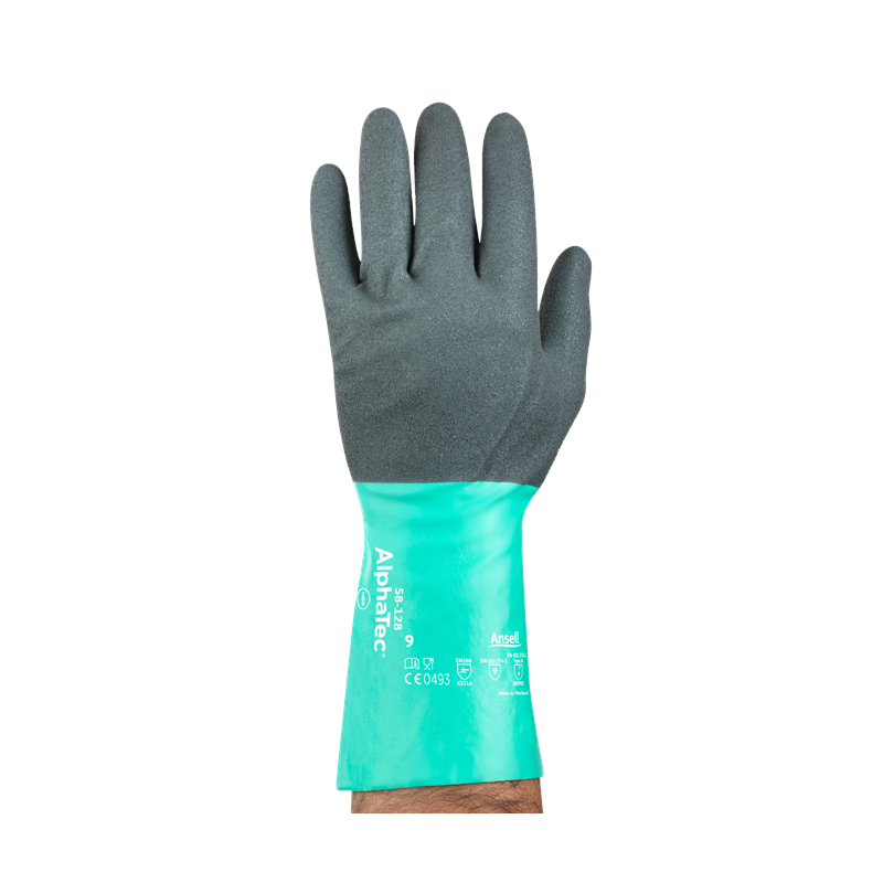 Ansell AlphaTec 58-128 Schutzhandschuh aufrecht, grüne Stulpe mit Aufdruck von Modell und Normen