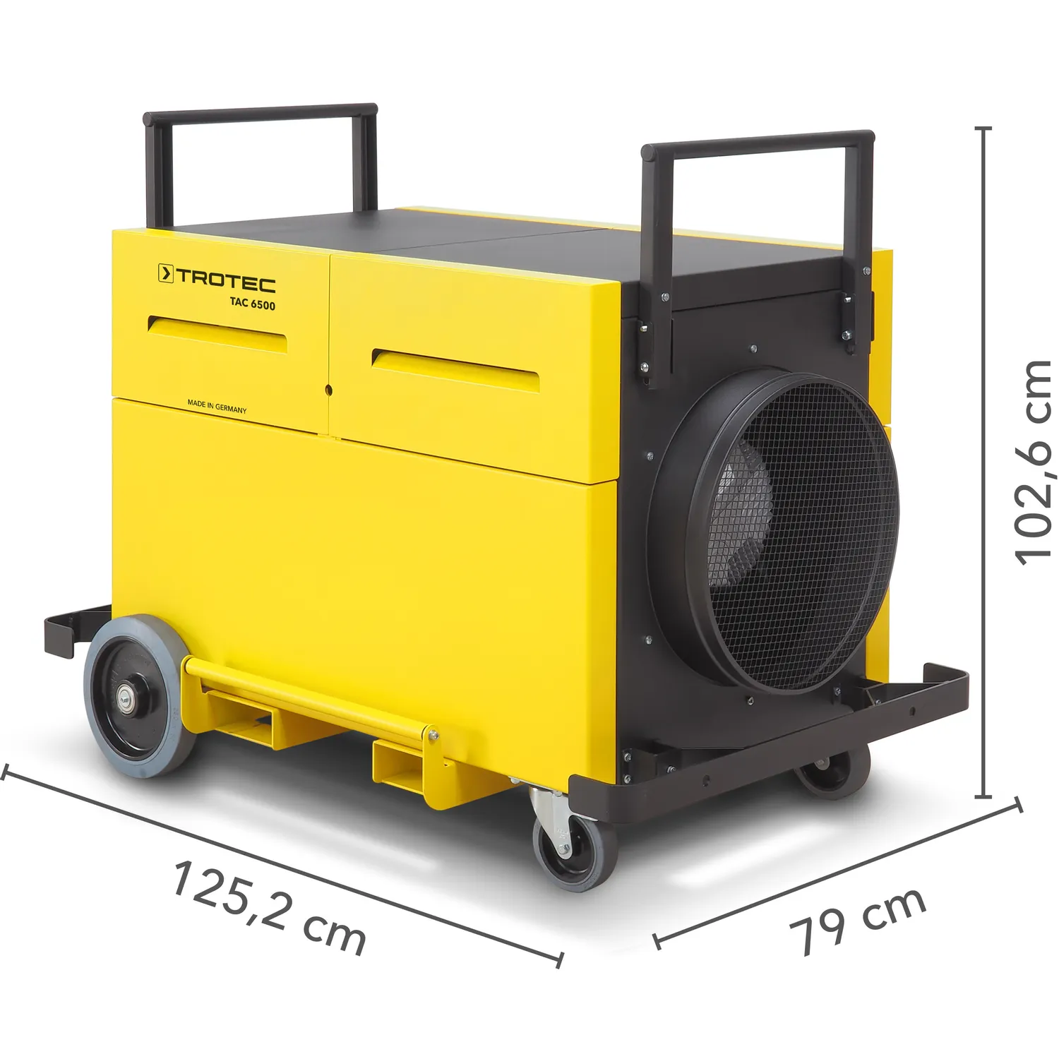 TROTEC Luftreiniger TAC 6500 mit Maßangaben: 125,2 cm lang, 79 cm breit, 102,6 cm hoch