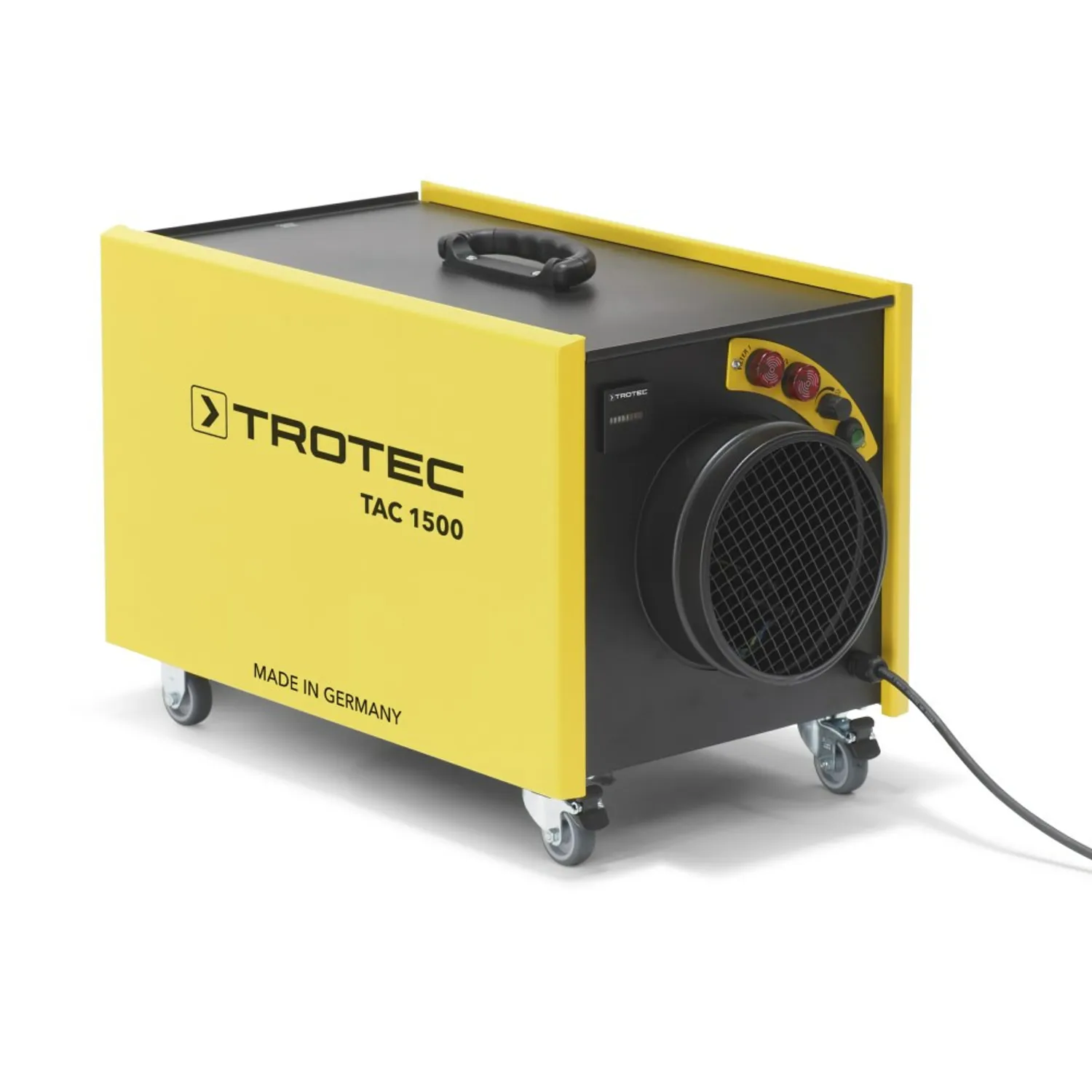 TROTEC Luftreiniger TAC 1500, Seitenansicht mit Tragegriff, Lenkrollen und Netzkabel