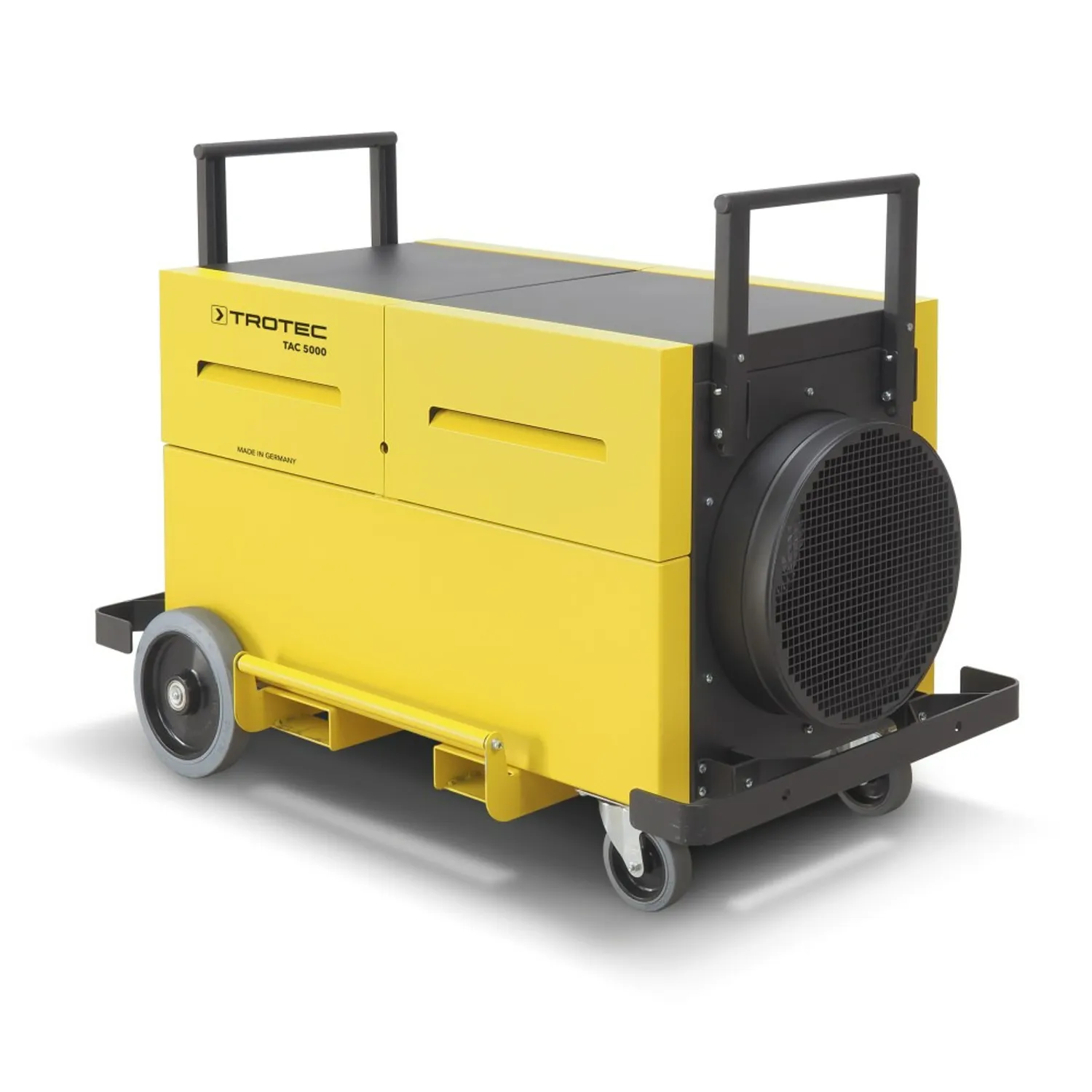 TROTEC Luftreiniger TAC 5000 auf Fahrgestell, Schrägansicht von der Längsseite mit Ventilatoröffnung