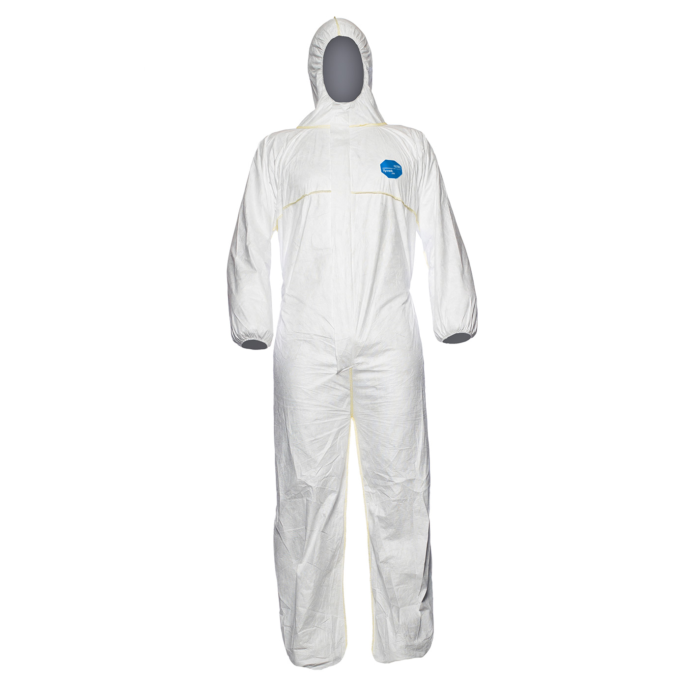 DuPont Tyvek 200 Easysafe Einweg-Overall in Weiß mit Kapuze, Frontansicht an einer Puppe