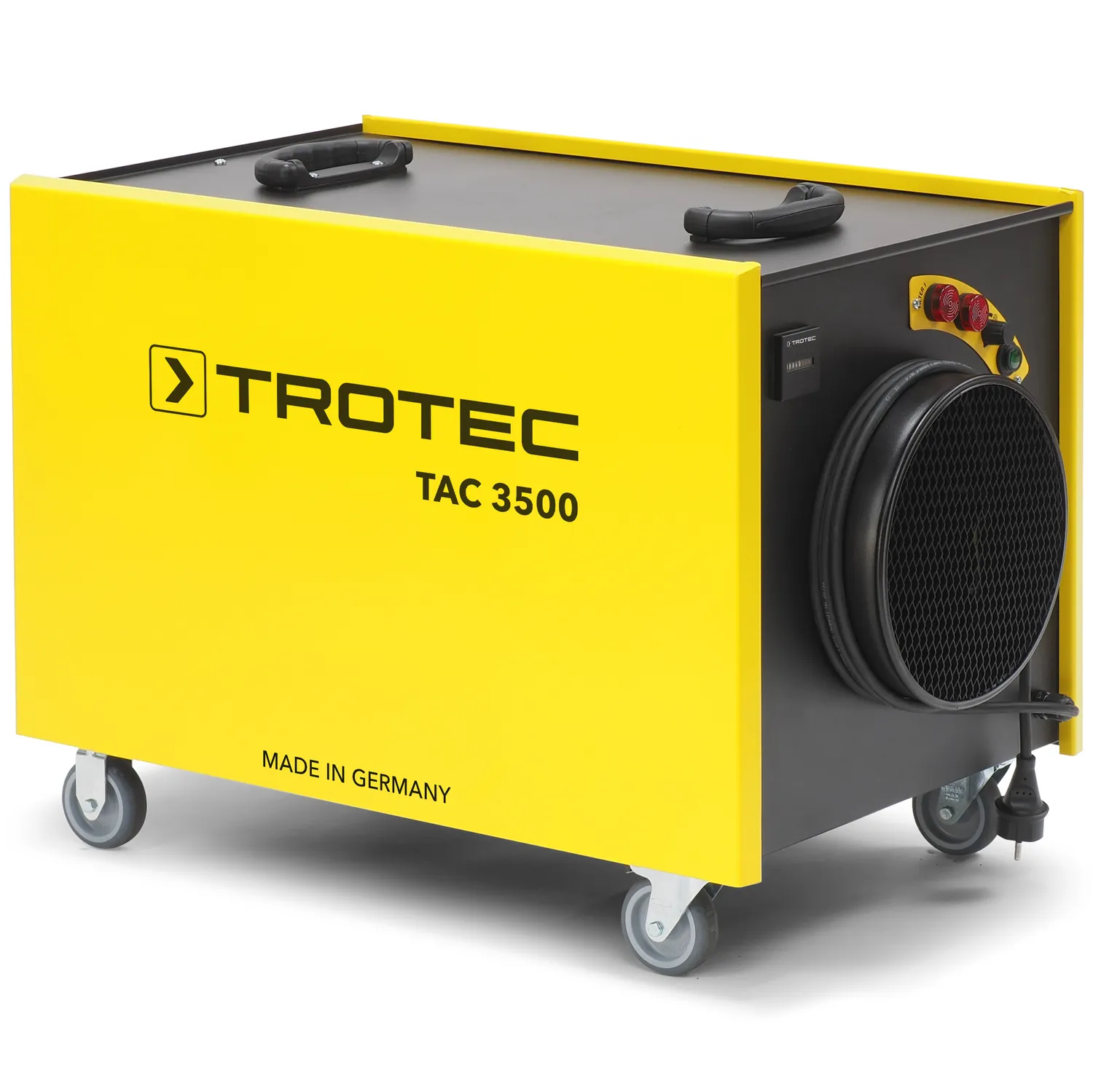 TROTEC Luftreiniger TAC 3500, Seitenansicht mit zwei Tragegriffen und Lenkrollen