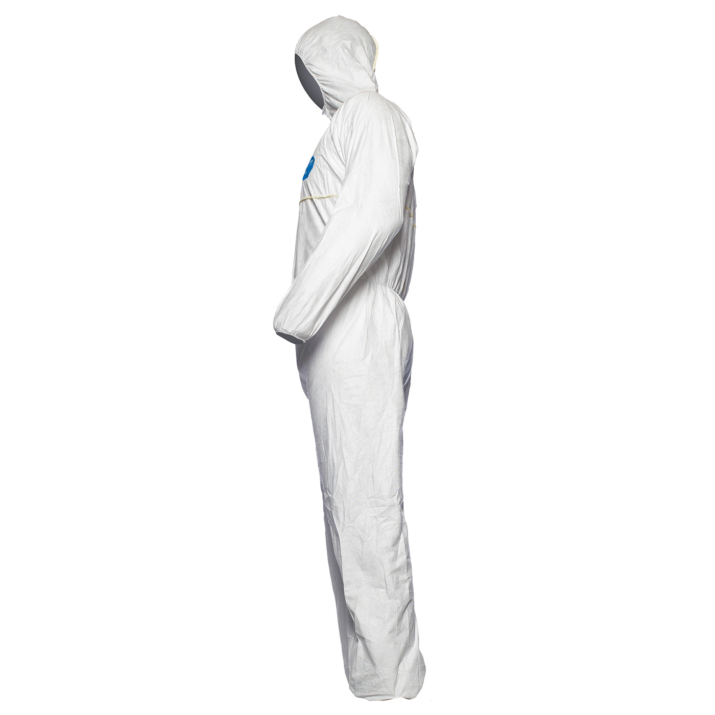 DuPont Tyvek 200 Easysafe Einweg-Overall in Weiß mit Kapuze, Seitenansicht an einer Puppe
